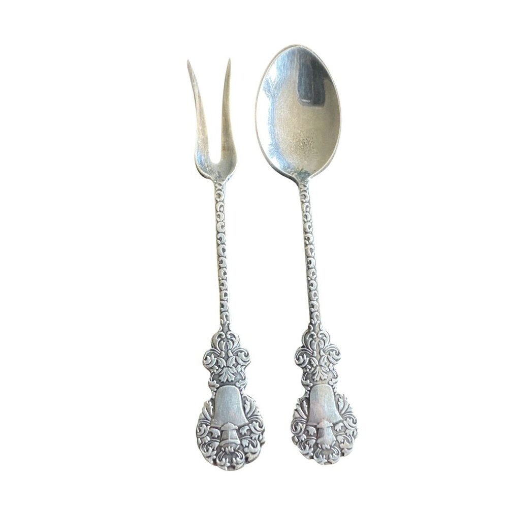 Vintage Silverplate Spoon and Fork Set Flatware Floral Bell Handle Design Retro